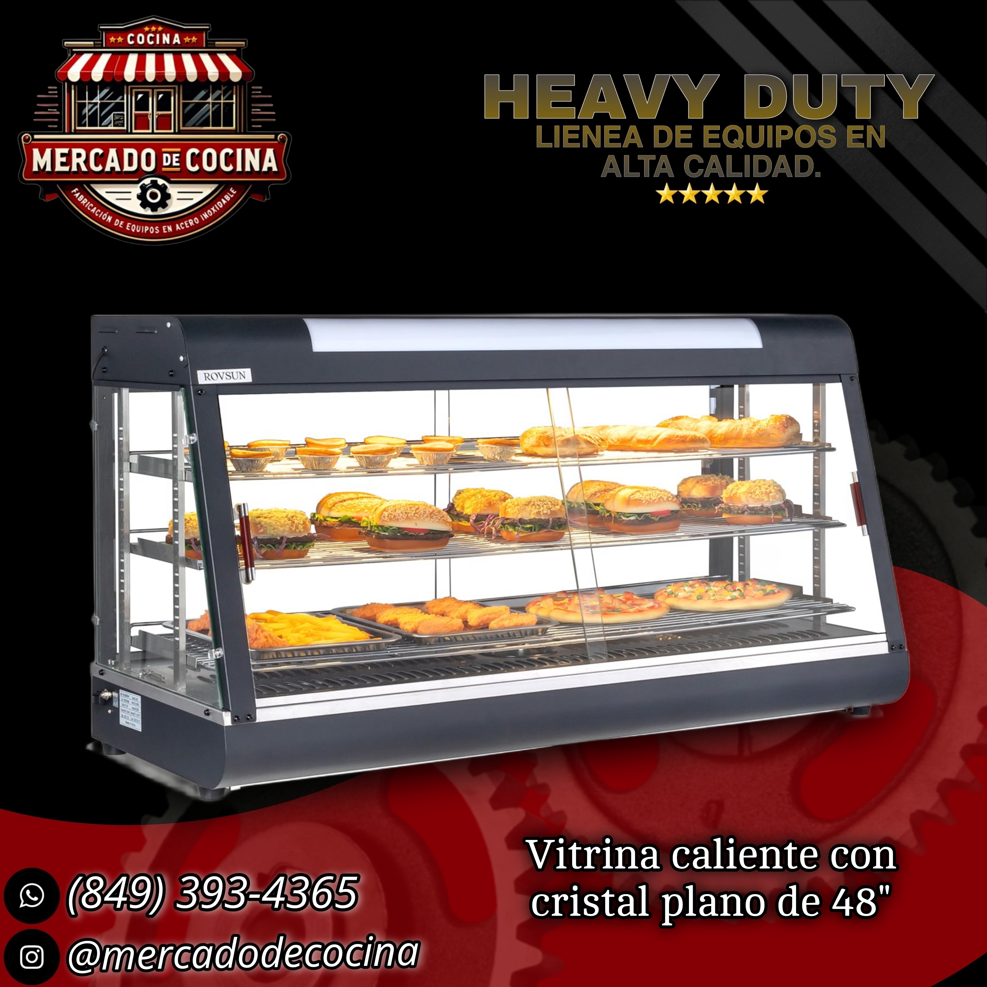 Vitrina caliente con cristal plano de 48"