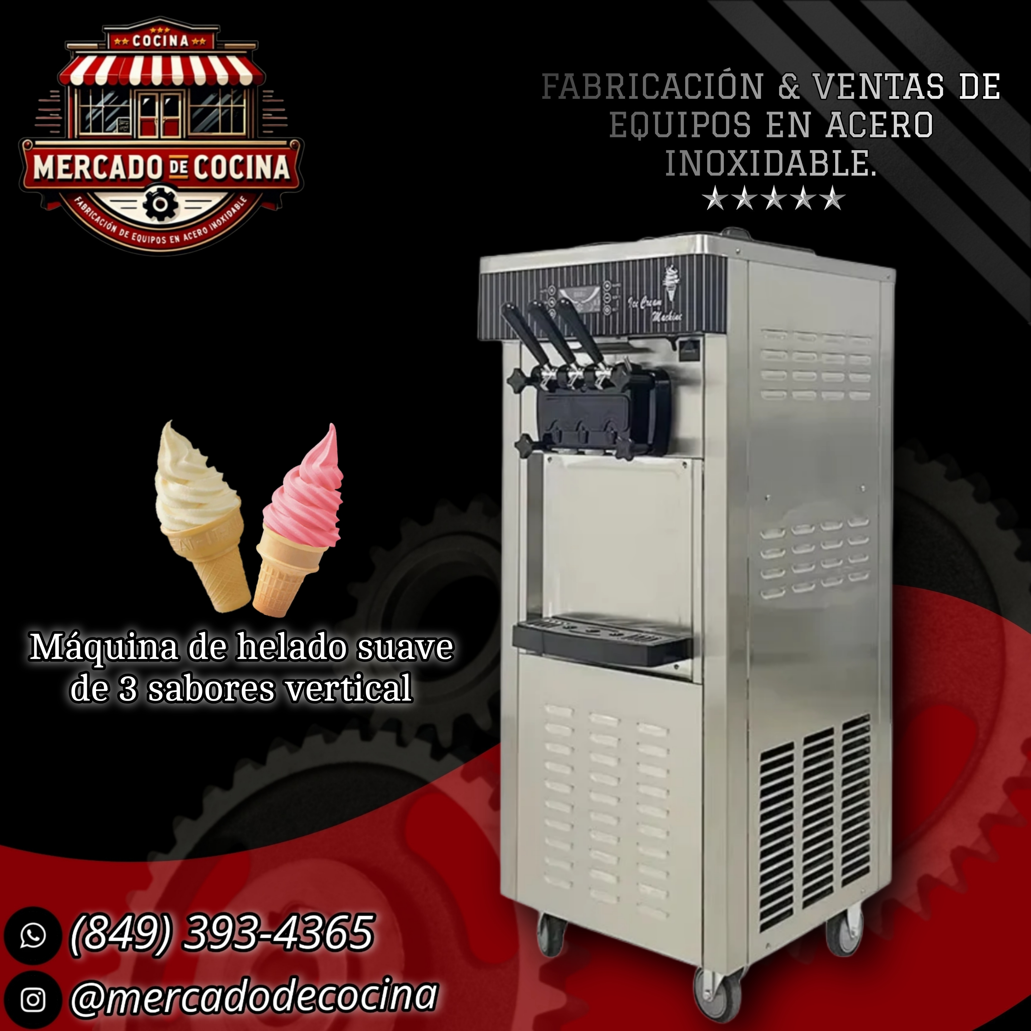 Máquina de helado suave de tres sabores, con pedestal.