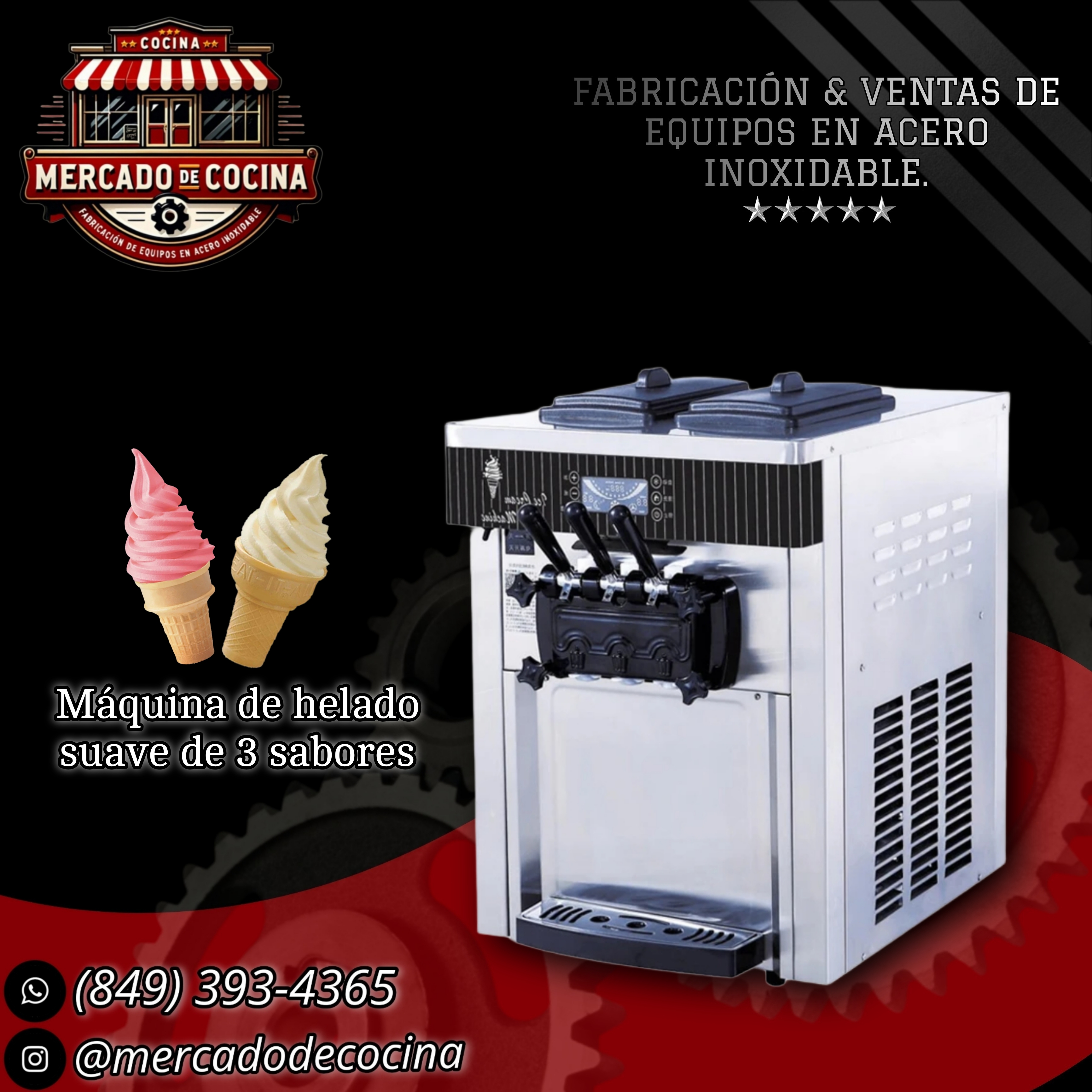 Máquina de helado suave de tres sabores, sobre mesa.