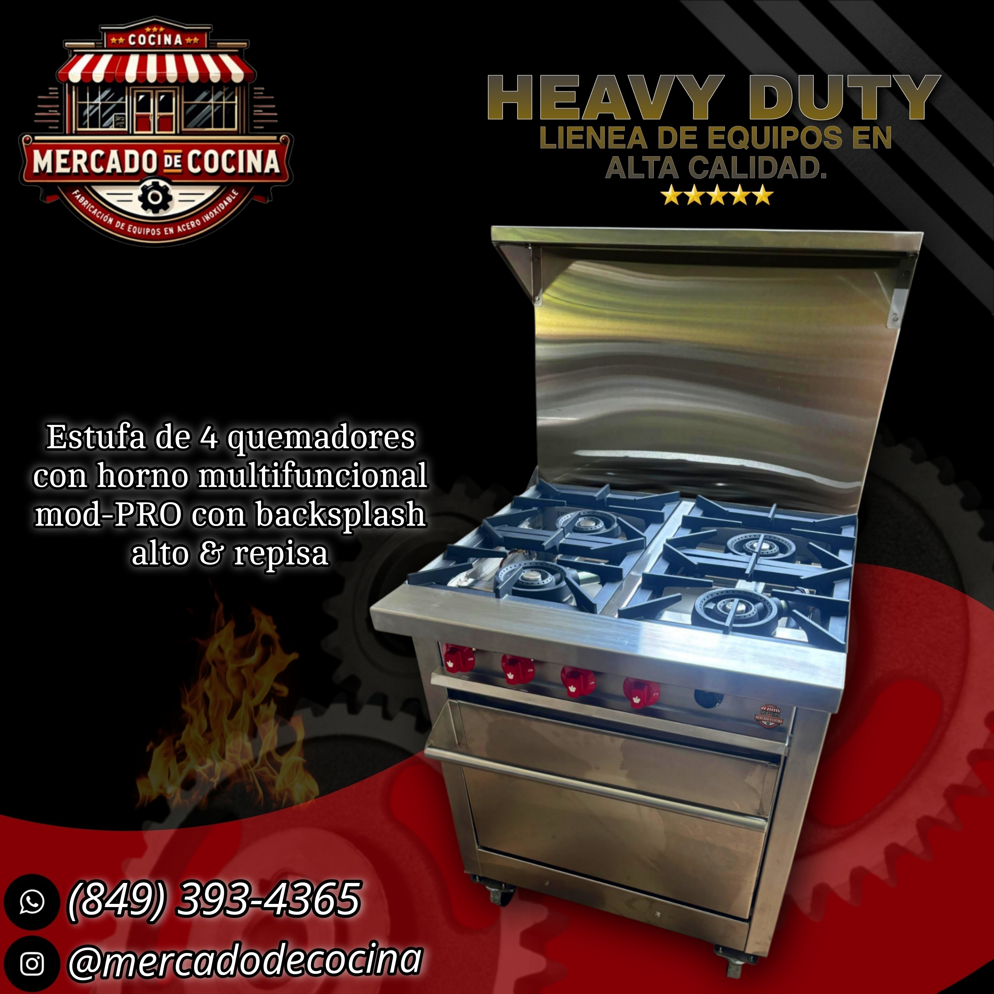 Estufa industrial 4 quemadores con horno