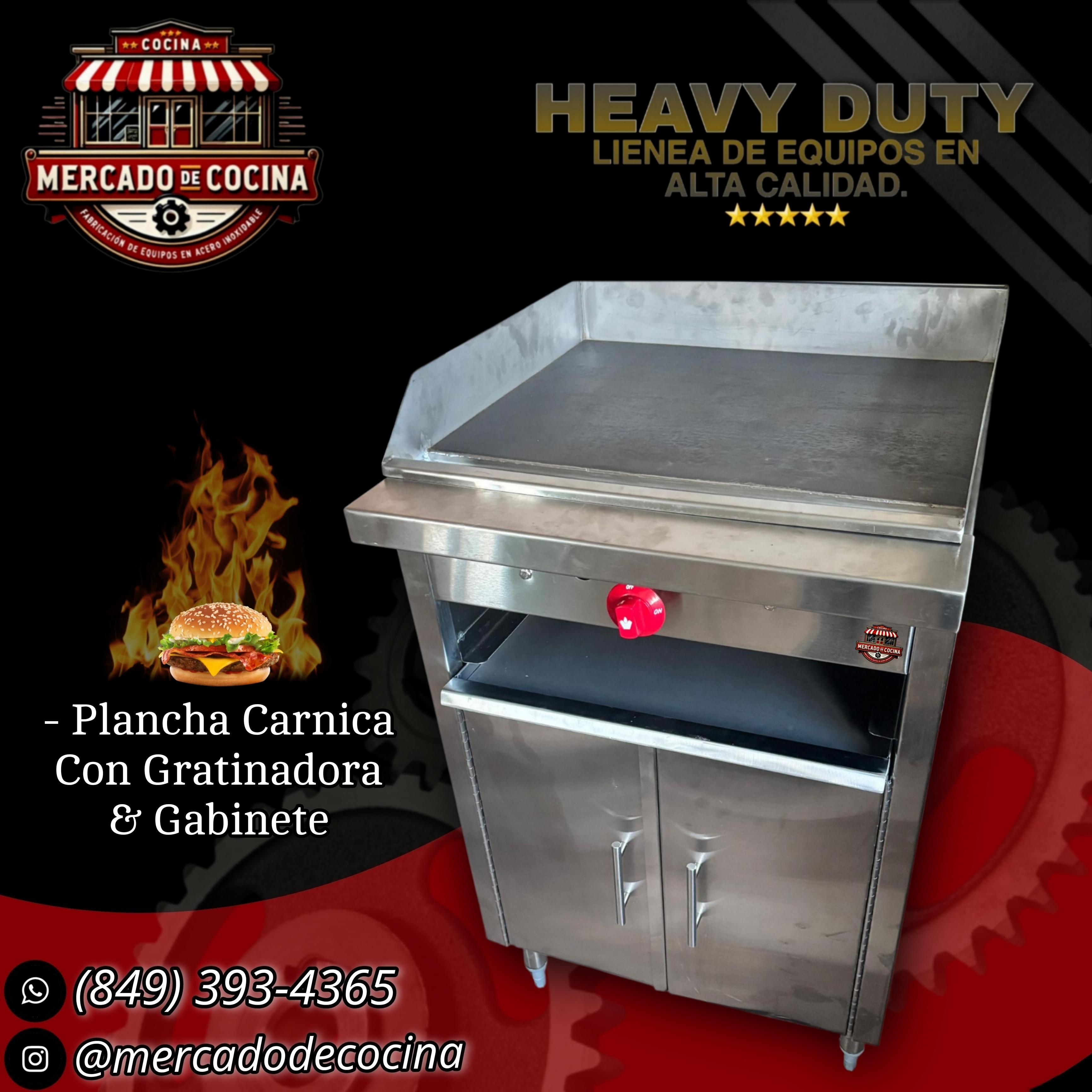 Plancha carnica mod-PRO 24" con gabinete cerrado.