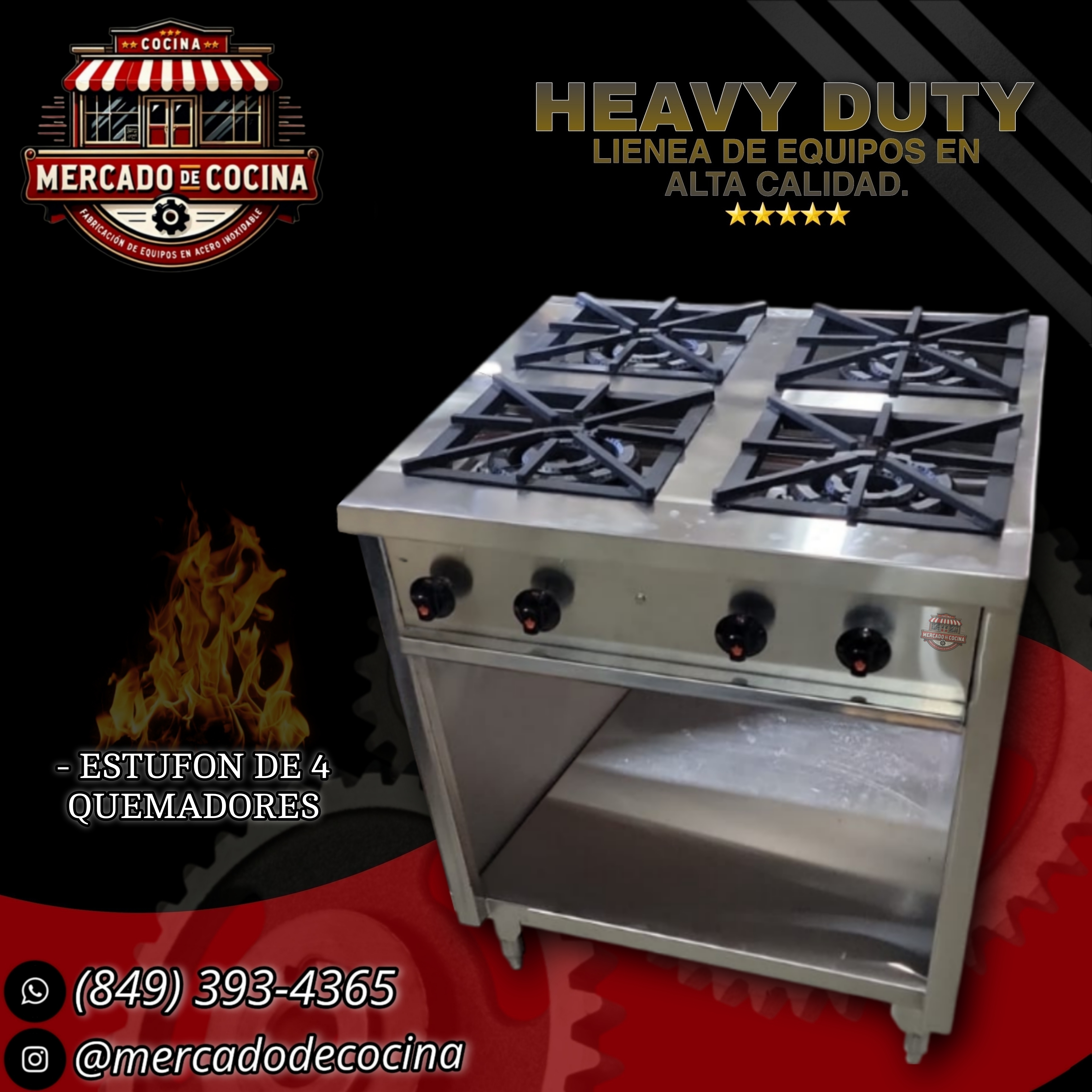 Estufa industrial mod-PRO 4 quemadores de fundición, gabinete abierto.