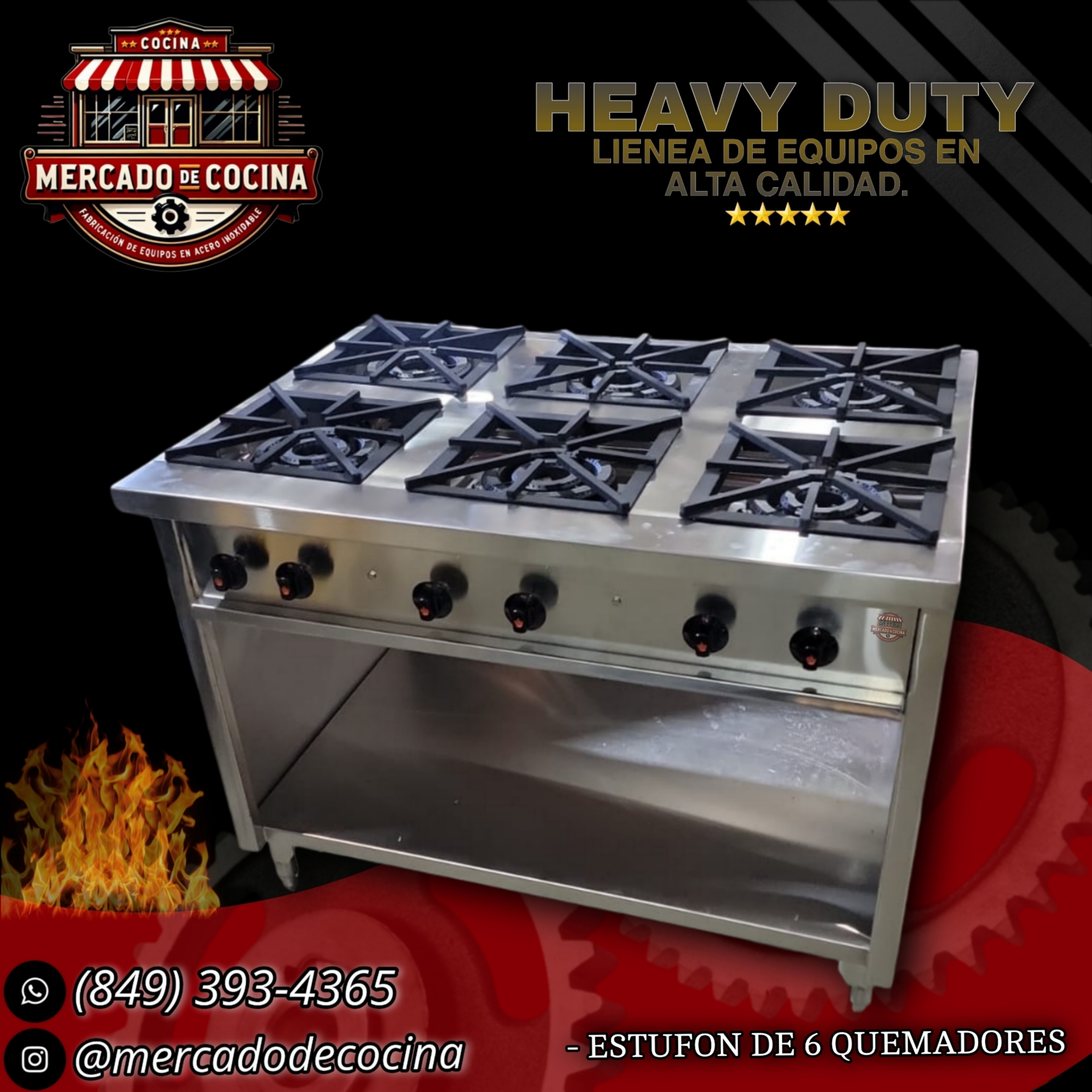 Estufa industrial mod-PRO 6 quemadores de fundición, gabinete abierto.
