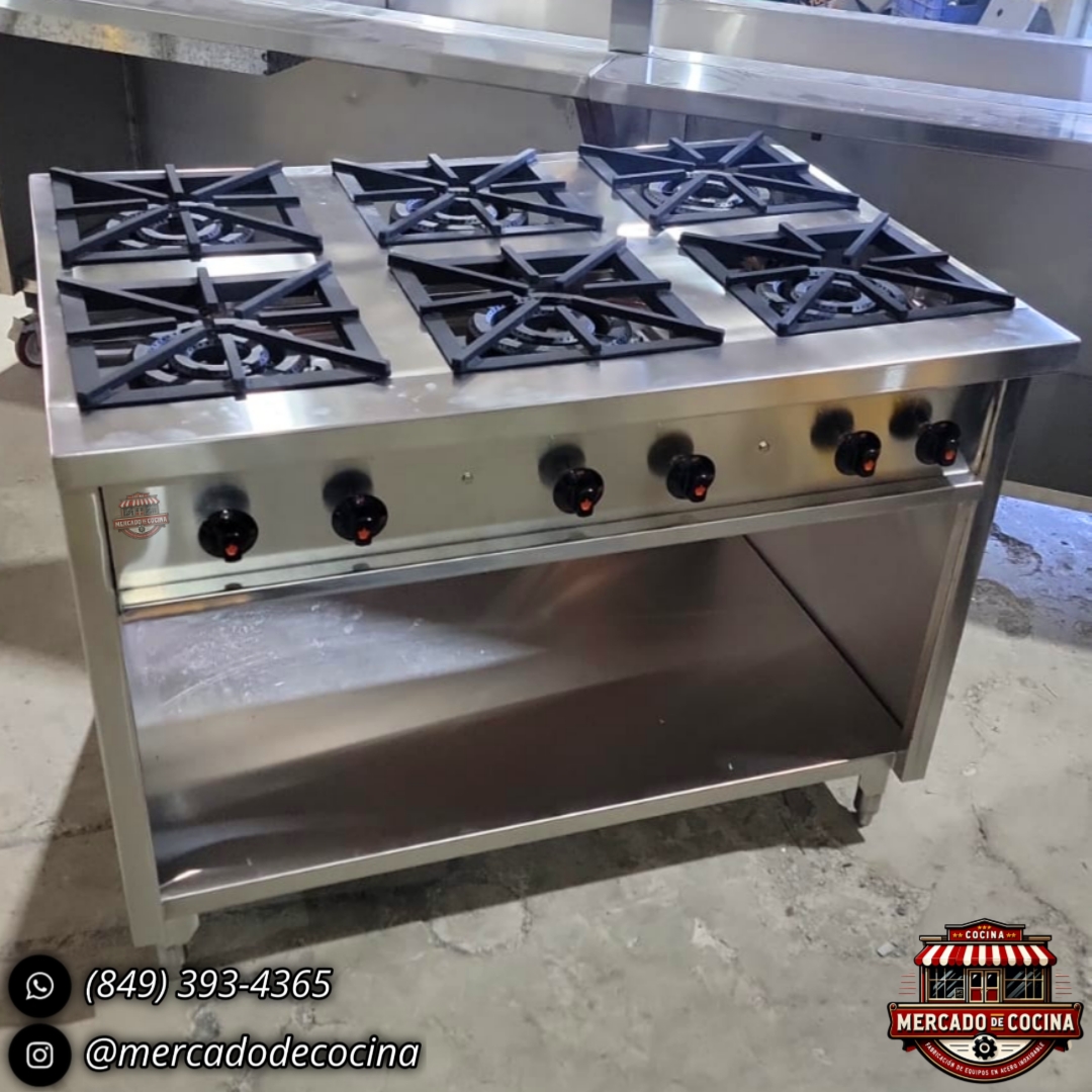 Estufa industrial mod-PRO 6 quemadores de fundición, gabinete abierto.