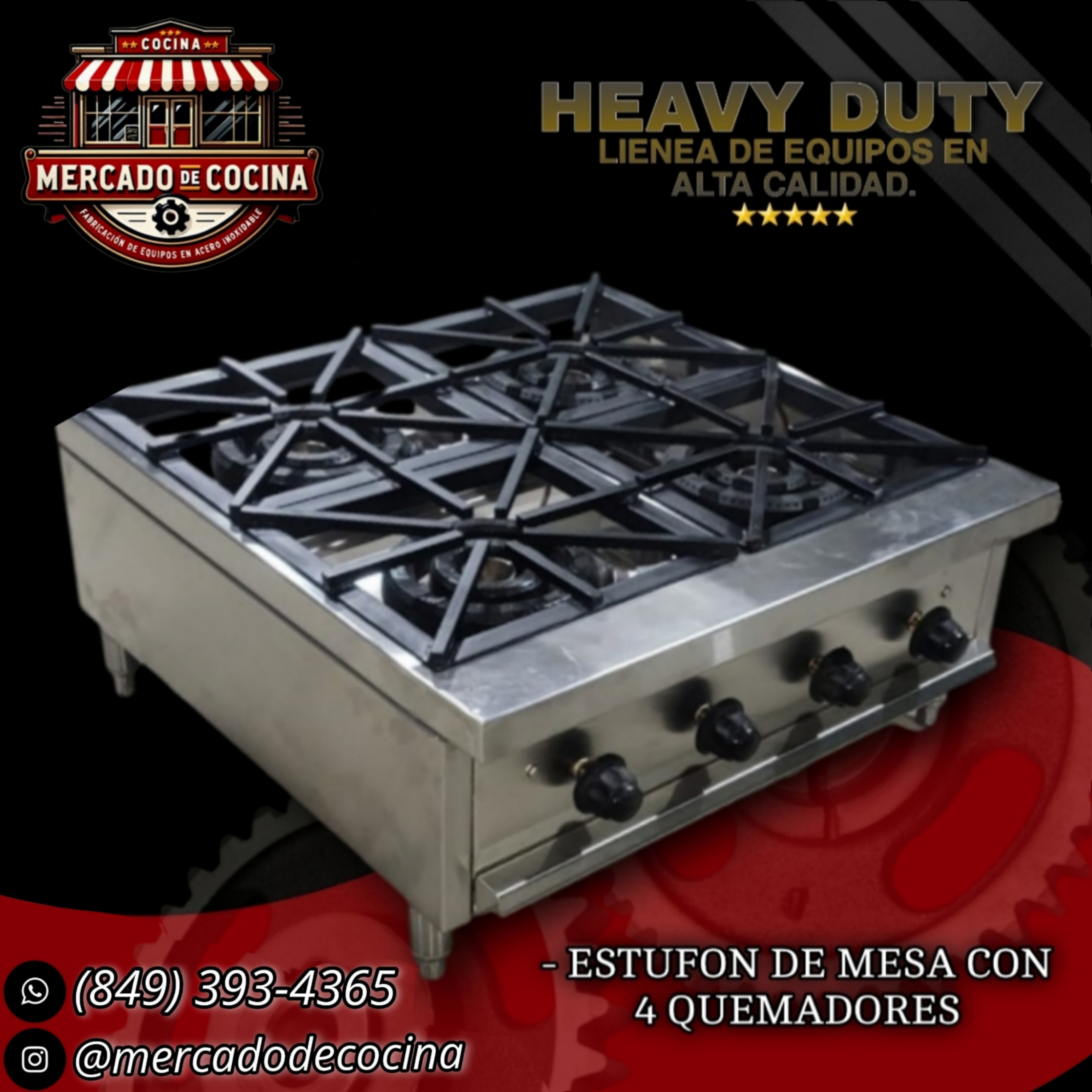 Estufa industrial mod-PRO 4 quemadores de fundición, para mesa.